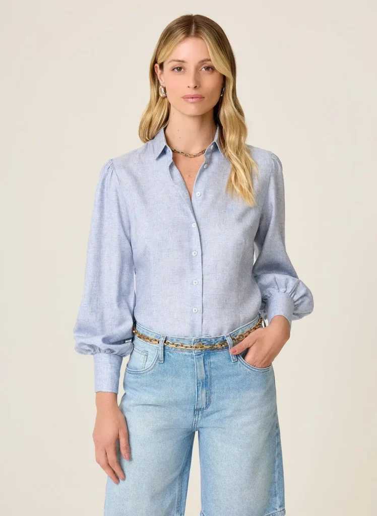 Camisa de Botão Azul Manga Bufante