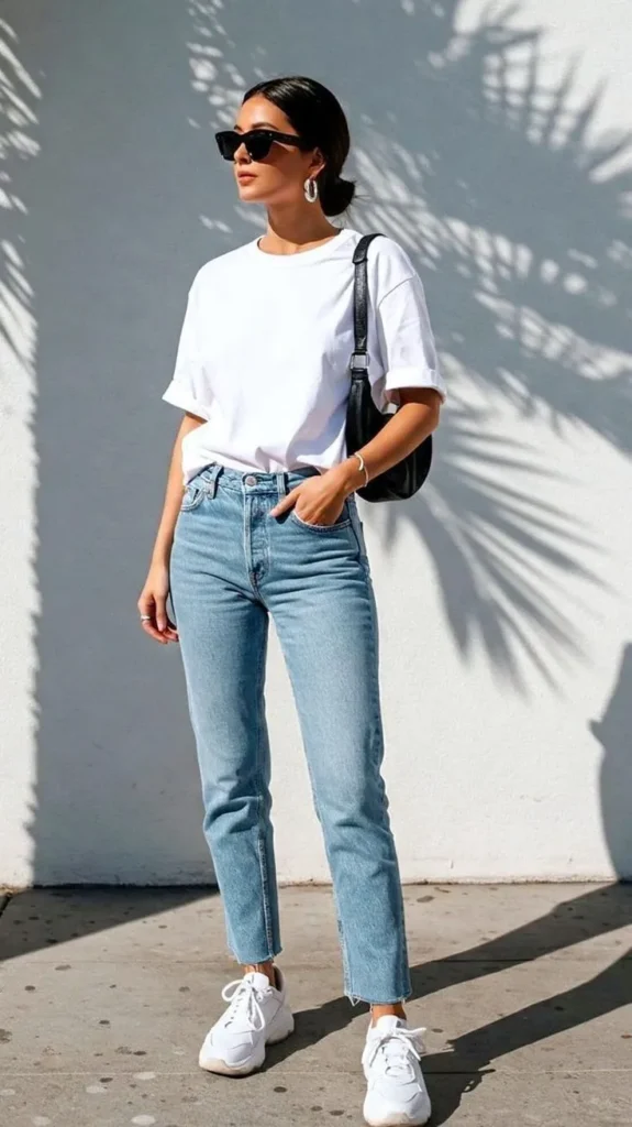 Look Básico Camisa Branca com Calça Jeans e Tênis Branco