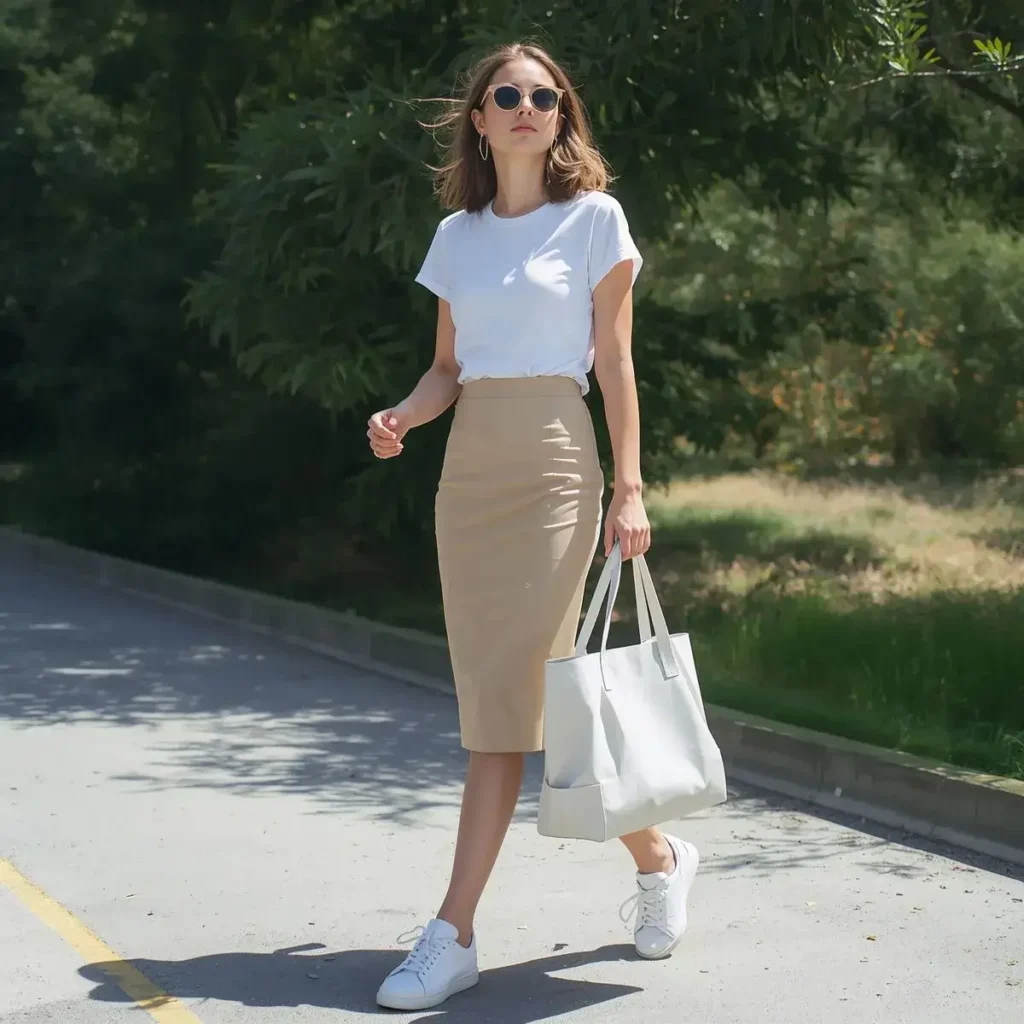 Saia Lápis Tênis e Tshirt Branca