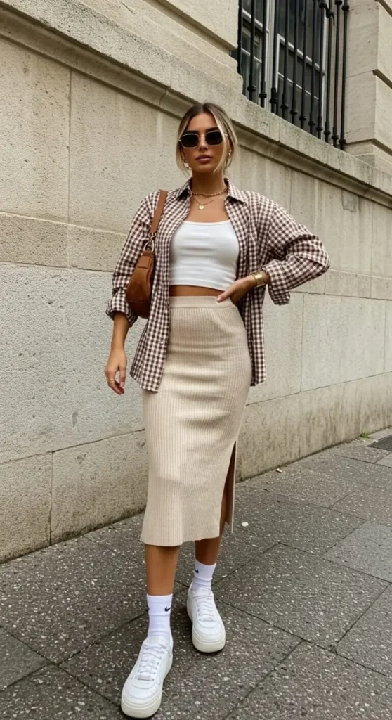 Saia tricot com camisa regata e de botão