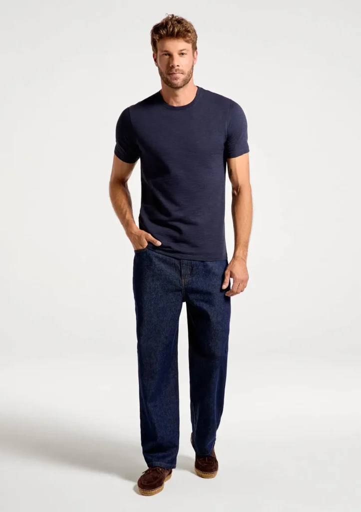 Calça Jeans Lavagem Escura Bainha Larga