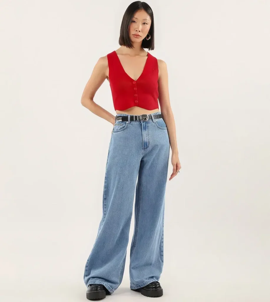 Calça Jeans Wide Leg Cintura Alta com Puído - Ruachuelo