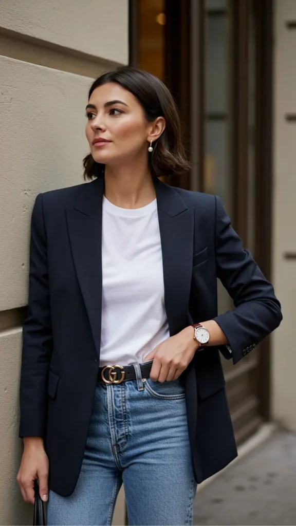Camisa Branca Básica com Blazer Azul e Jeans