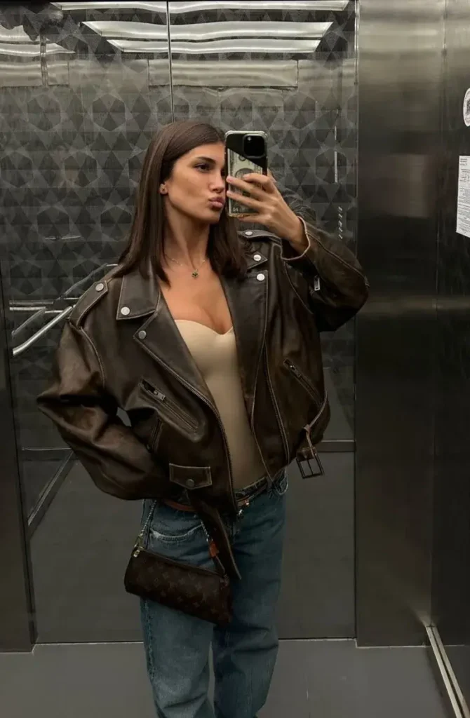 Jaqueta Oversized Couro Marrom com ombreiras