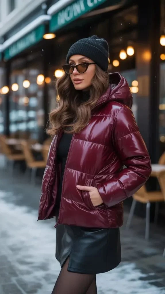 Jaqueta Puffer Burgundy e meia calça