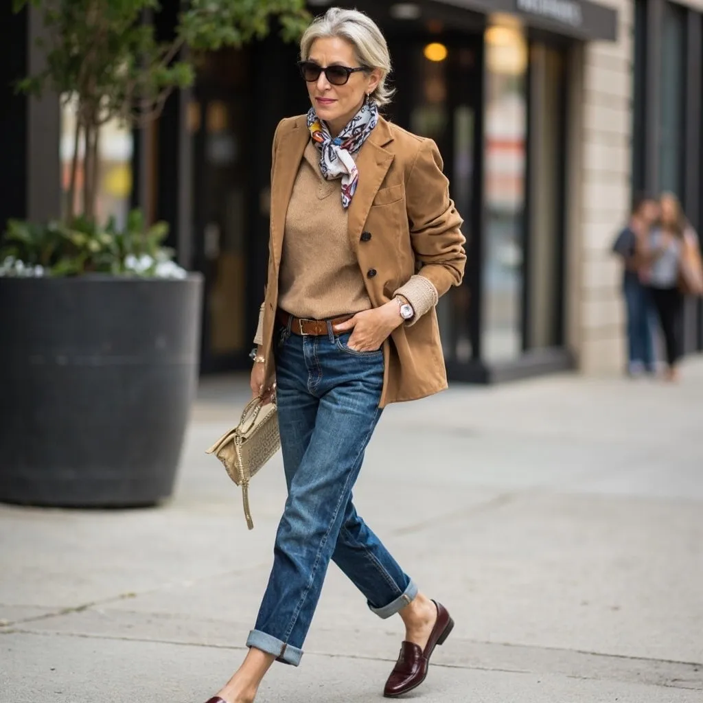 Look Elegante Denim Blazer Cachecol e Mocassim