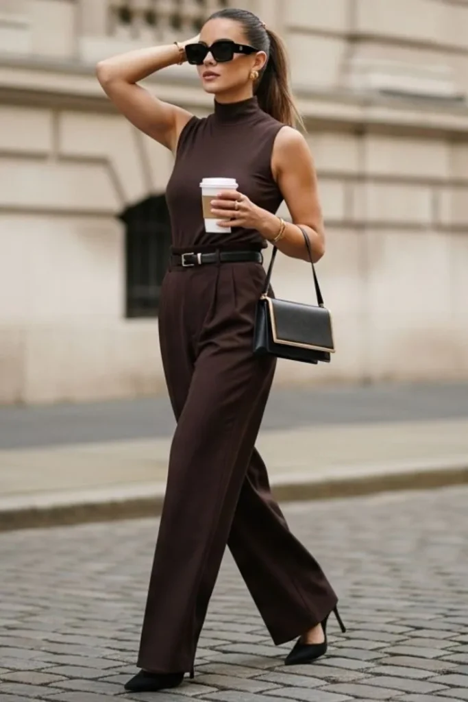 Regata Marrom com Calça Barrel Marrom e Scarpin Marrom