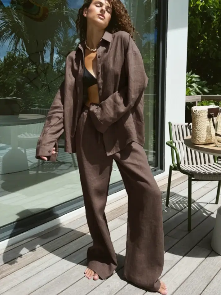 conjunto camisa botão marrom