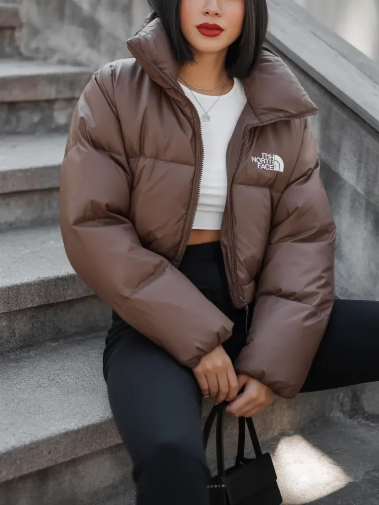 puffer jaqueta marrom