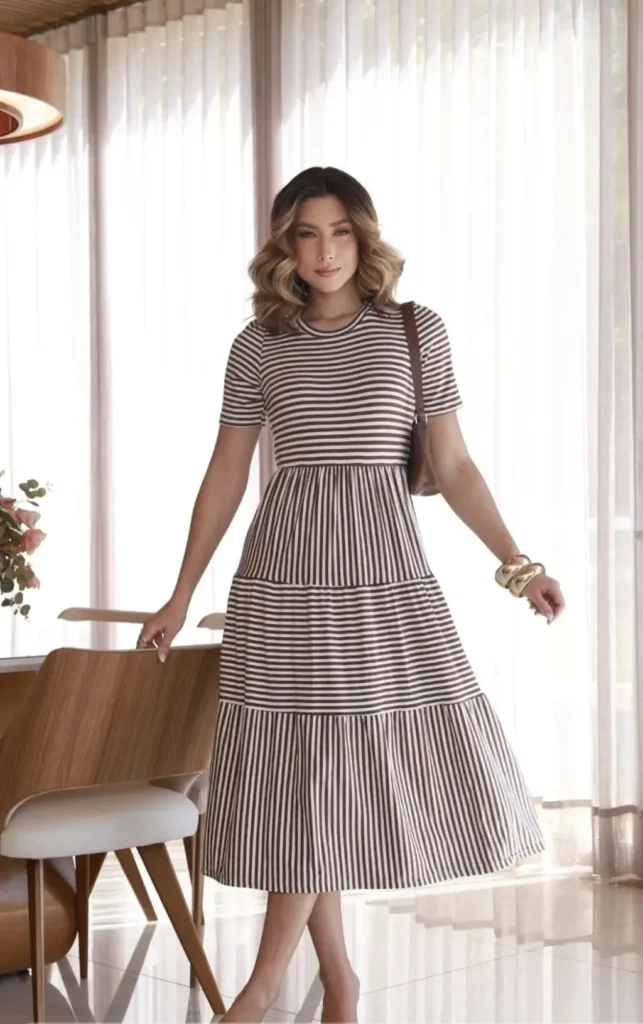 vestido listras marrom e off white