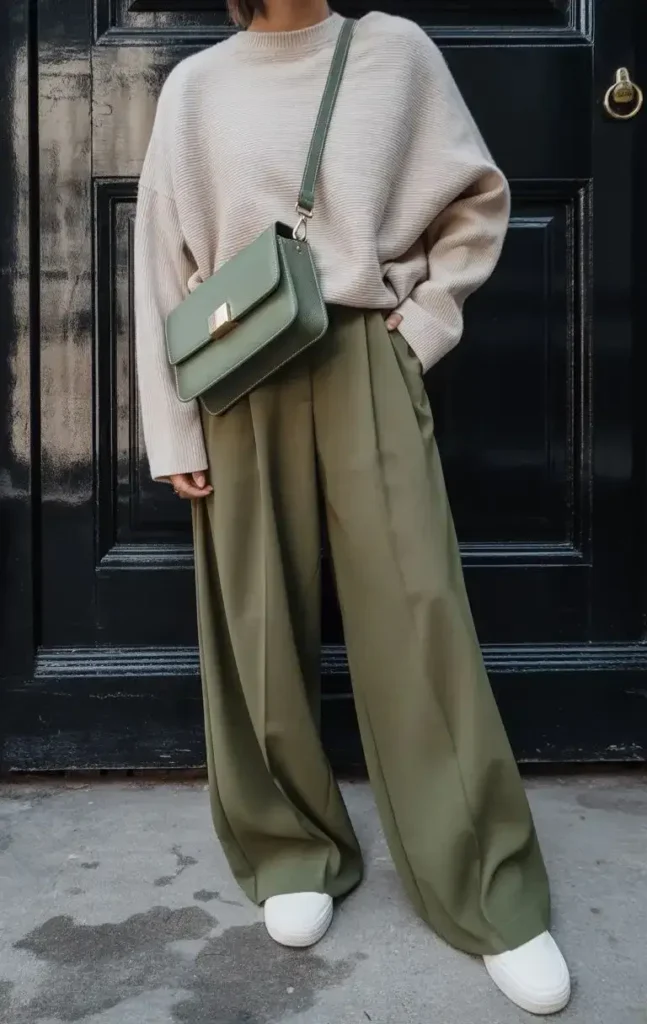 Calça Verde com Cardigan Nude