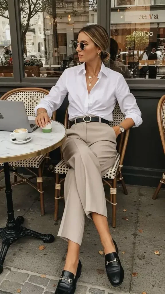 Camisa de Botão Branca com Calça Bege