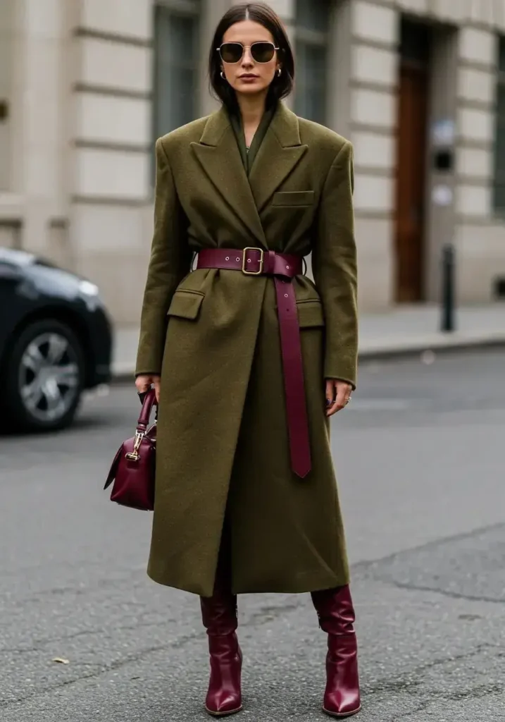 Cinto Grande de Couro Burgundy com Sobretudo Verde