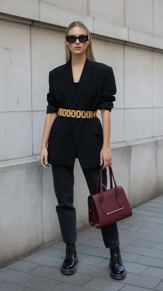 Cinto Largo Dourado Sobre o Blazer Preto