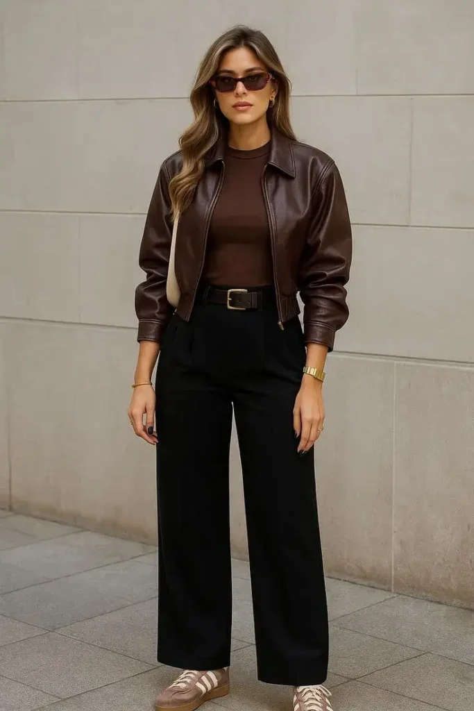 Jaqueta de Couro Marrom com Calça Preta