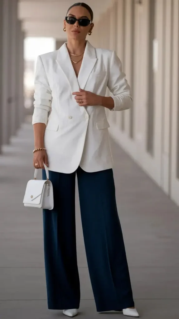 Look Blazer Branco Mangas Puxadas e Calça de Alfaiataria Azul com Scarpin Branco