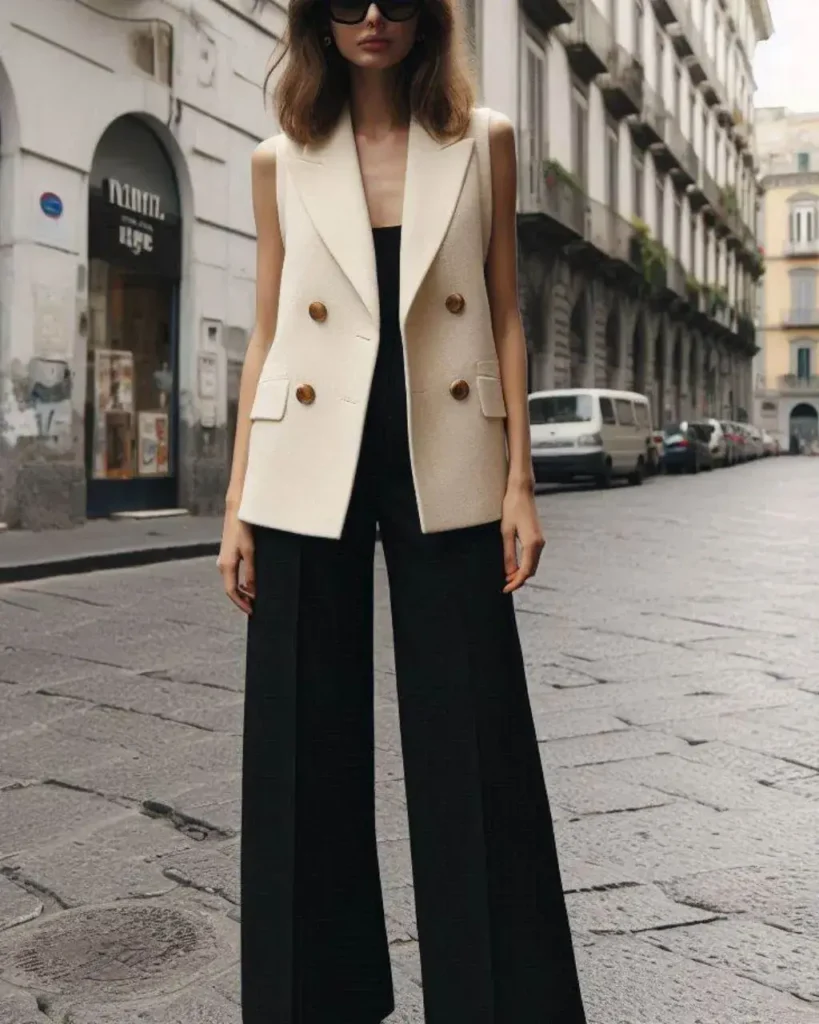 Macacão Preto com Colete de Alfaiataria Branco