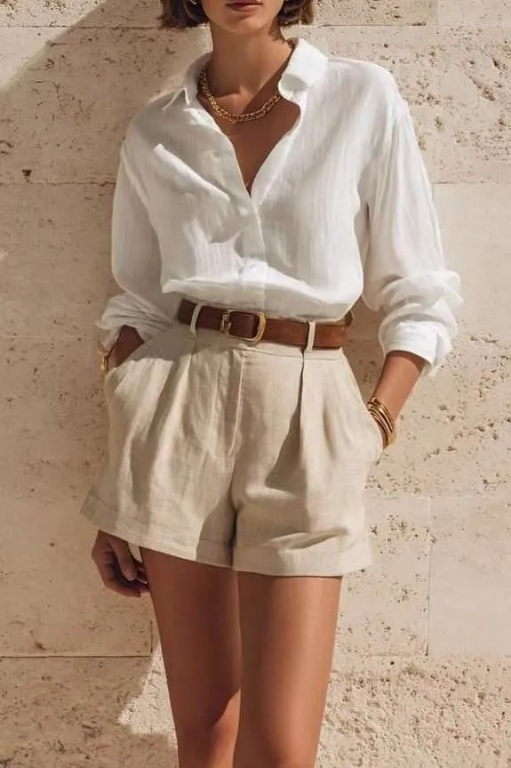 Mangas Puxadas Camisa de Botão Branca