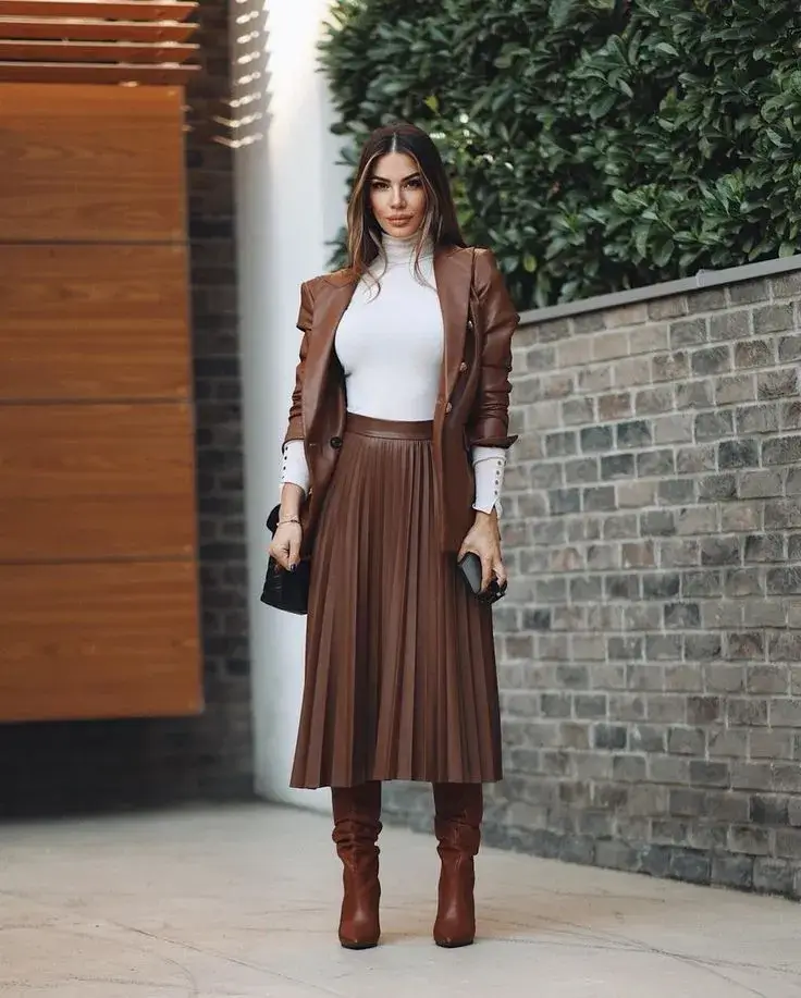 Saia Plissada Jaqueta de Couro Marrom