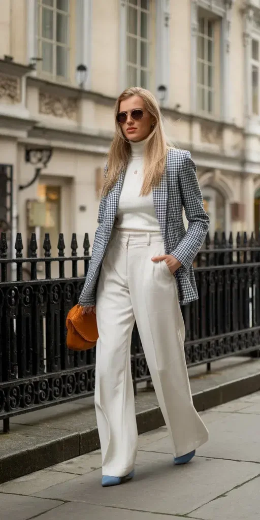 Blazer Azul Xadrez com Calça Alfaiataria e Blusa Brancas