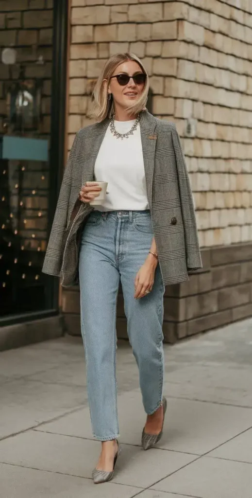 Blazer Xadrez com Calça Jeans Reta
