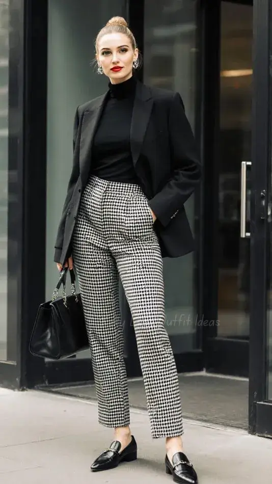 Calça Xadrez com Blazer Preto, Blusa de Gola Preta e Mocassim