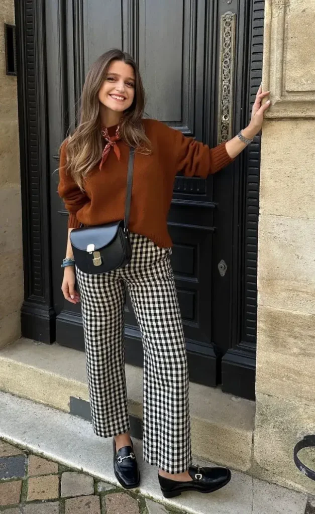 Calça Xadrez com Tricô Marrom