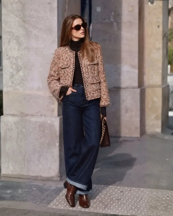 Jaqueta tweed com Jeans Lavagem Escura