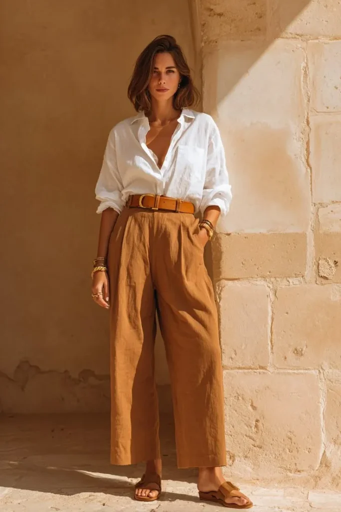 Rasteira com calça e camisa de botão