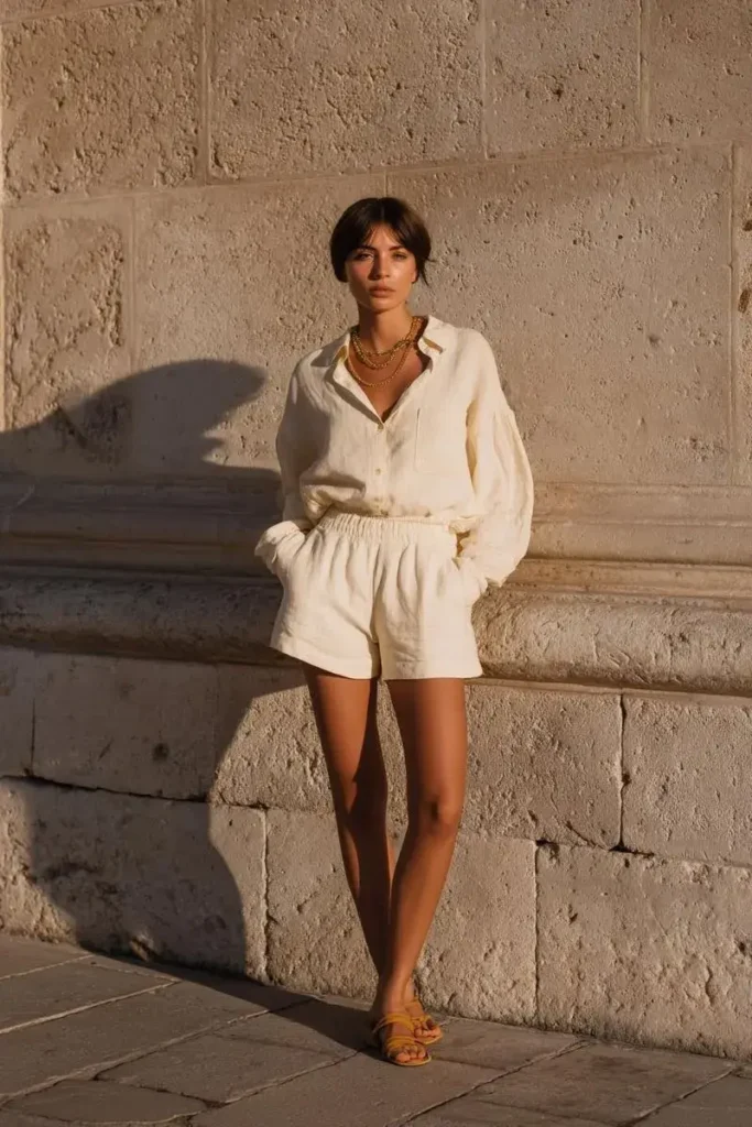 Rasteira com short e camisa de botão linho