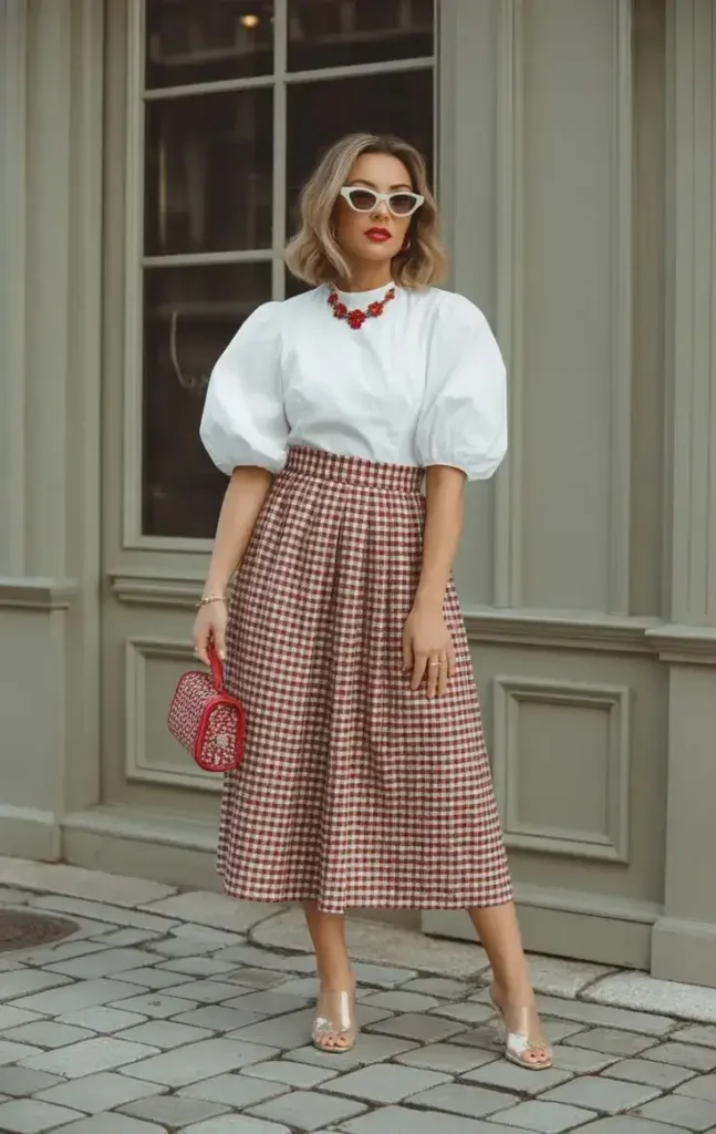 Saia Xadrez Vermelha com Chemise e Salto