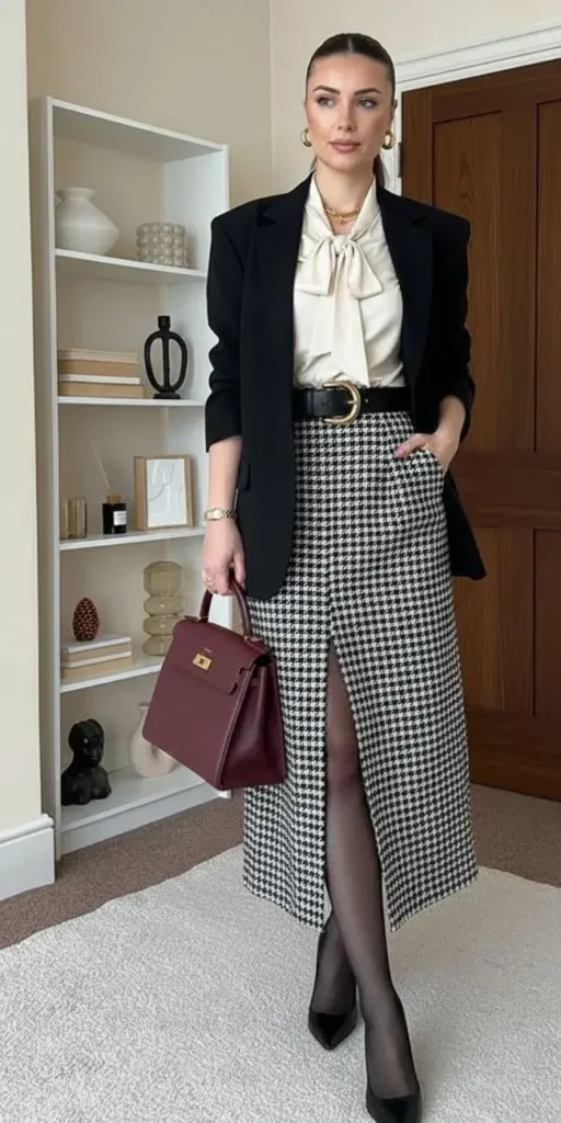 Saia Xadrez com Blazer Preto, Chemise e Salto