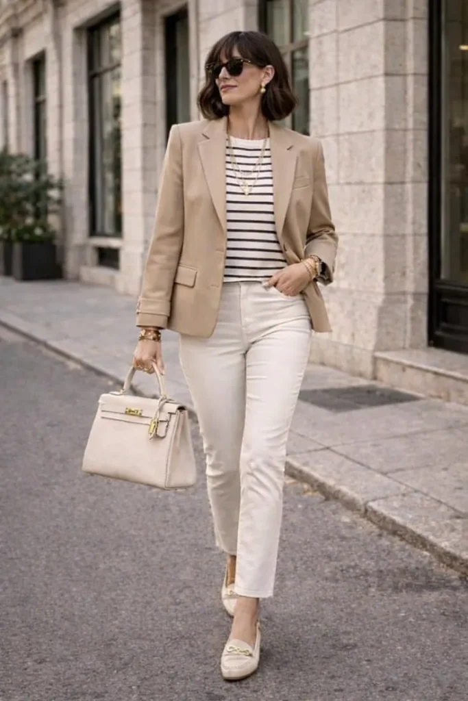 Blazer Areia + Camisa de Tricot e Jeans Claro