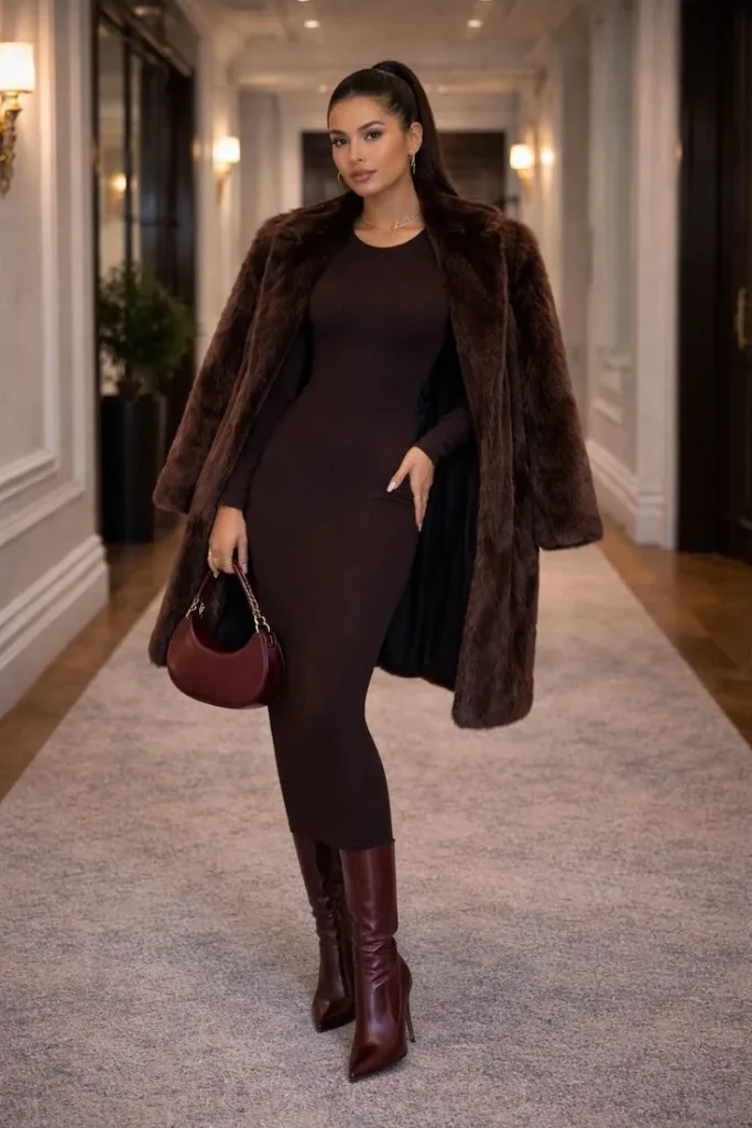 Casaco Fury Marrom Chocolate com Vestido e Botas
