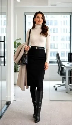 Saia Lápis com Cinto, Botas Médias Pretas e Camisa Tricot Clara