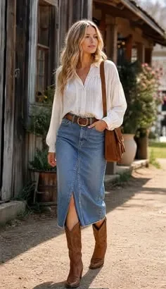 Saia Midi Jeans com Bota Vaqueira Caramelo e Camisa Branca