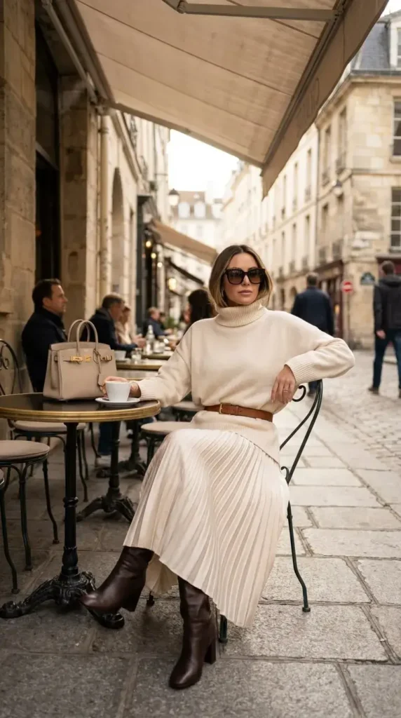 Saia Plissada Clara com Bota Longa Marrom e Camisa Tricot Clara de Gola Alta