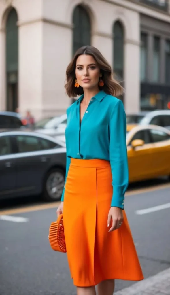 Camisa Azul com Saia e Acessórios Laranjas