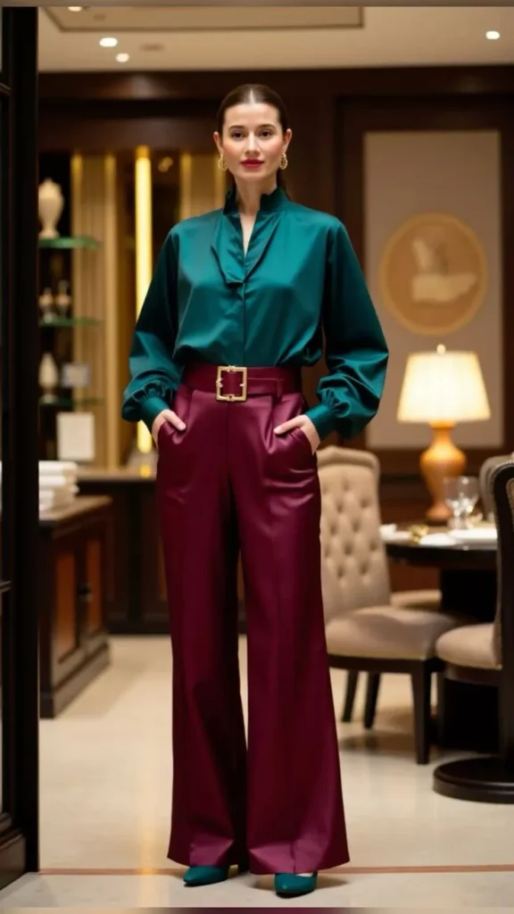 Camisa Verde Esmeralda com Calça Vinho