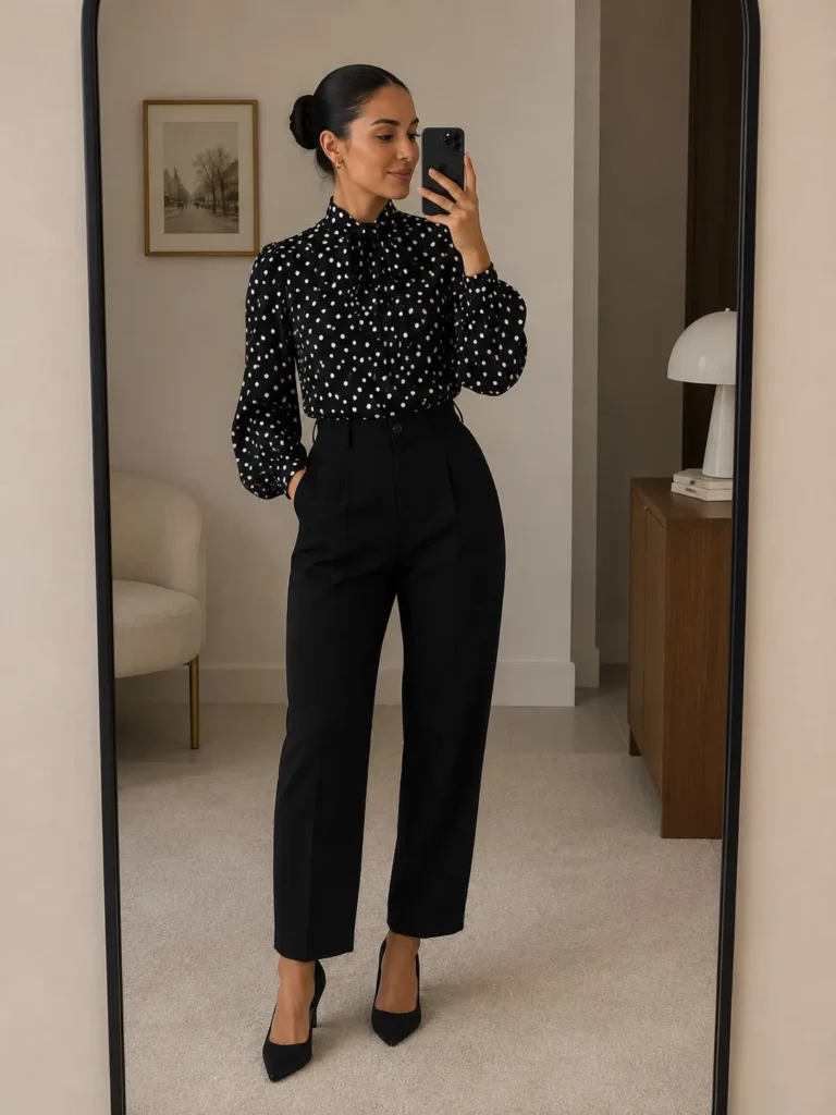 Camisa de Poá Preta com Bolinhas Brancas e Calça Preta Alfaiataria e Scarpin
