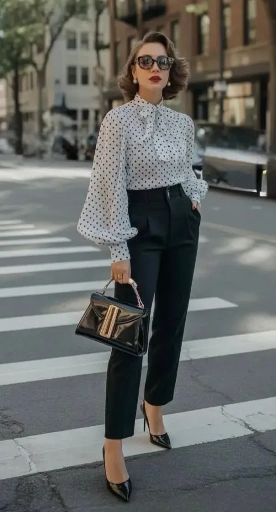 Chemise Poá Branca com Calça de Alfaiataria Preta e Scarpin
