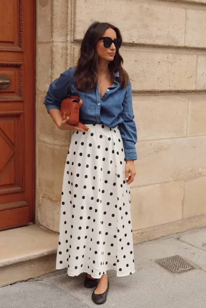 Saia de Poá Branca com Camisa Jeans