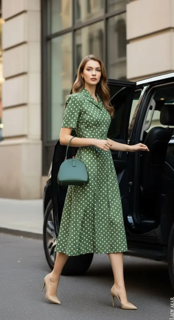 Vestido Poá Verde e Creme com Mangas